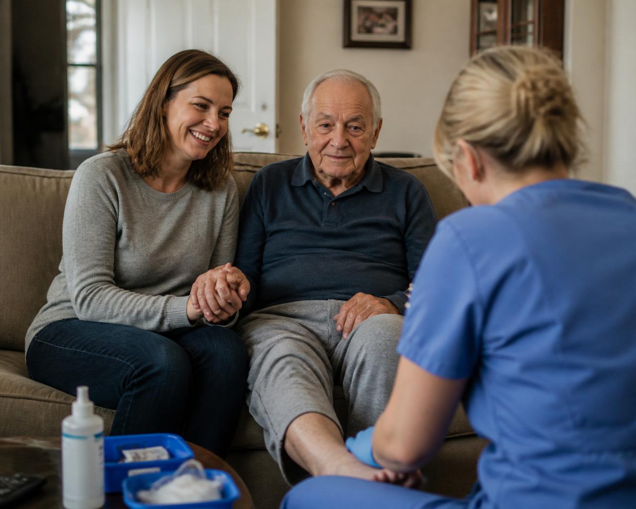 Adult daughter sitting with her elderly father as a mobile podiatrist provides care at home